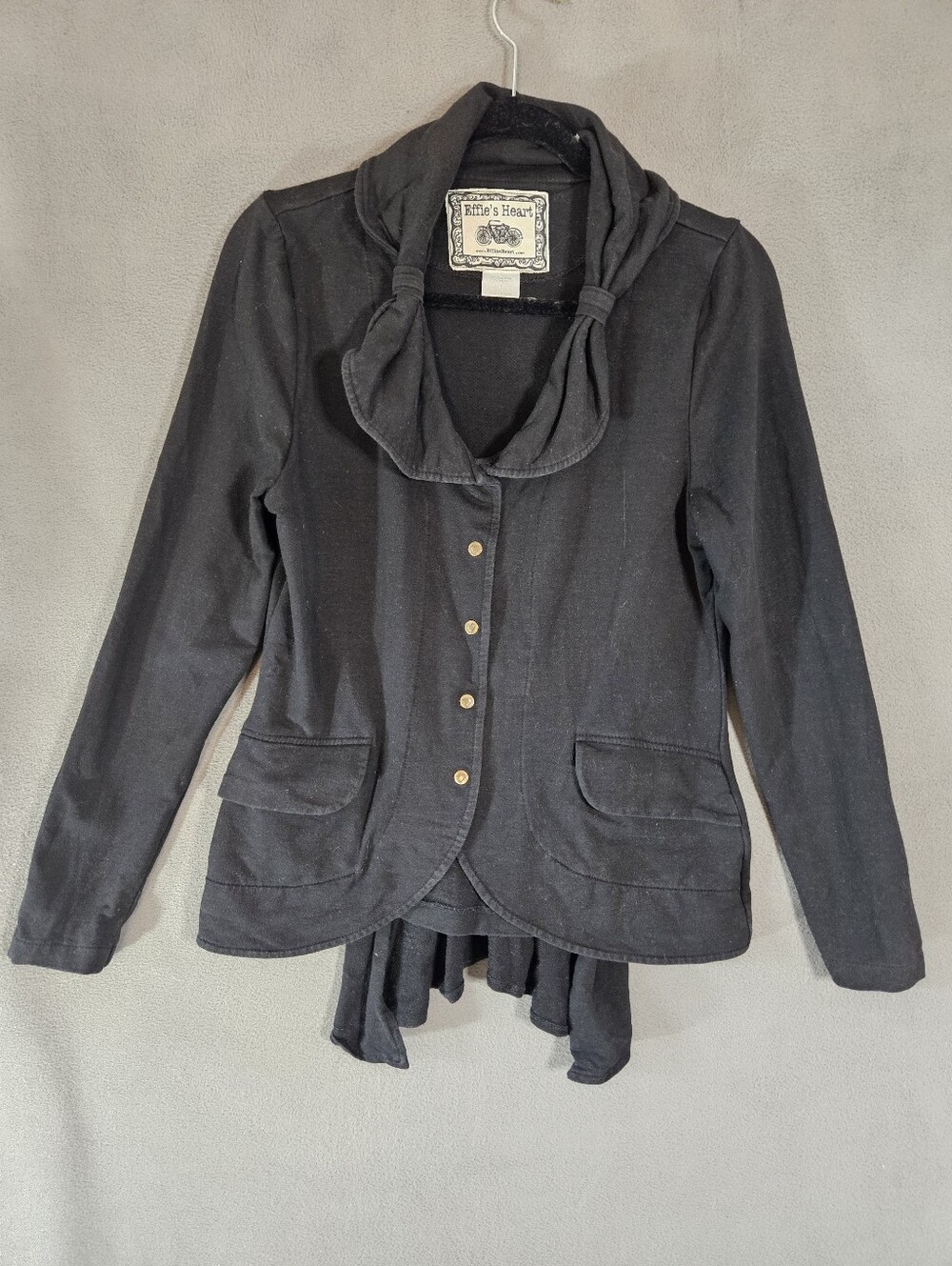 Effie's Heart black Small buttons jacket draped ruffle Collar pleated back Prima